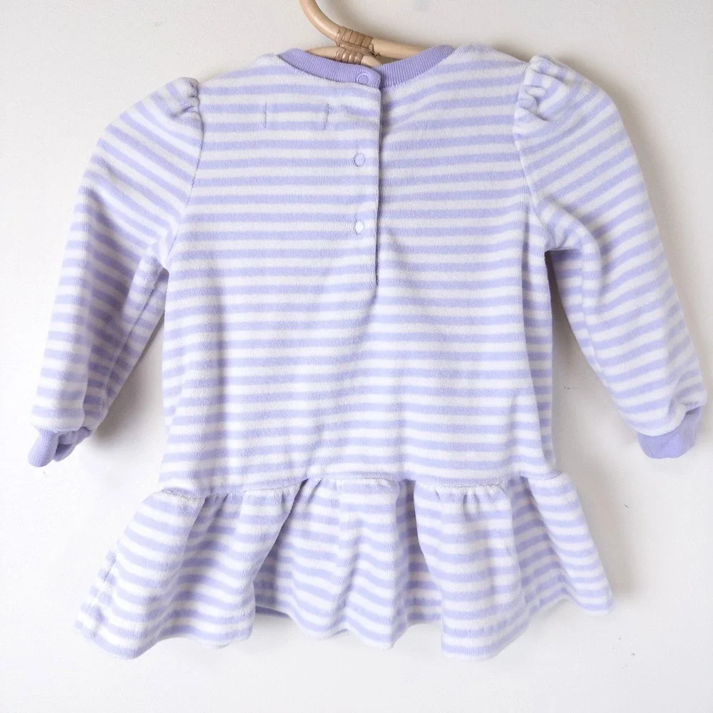 Ralph Lauren Velour Dress Baby 9M‎ Purple White Striped Ruffle Long Sleeve Pony